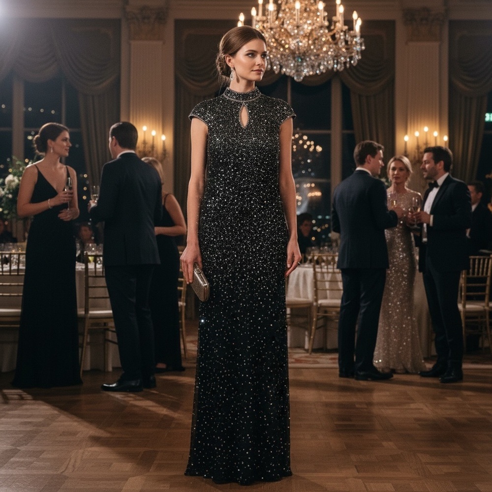 Vintage Papell Boutique Beaded Cap-sleeve Evening Gown Black Formal Dress